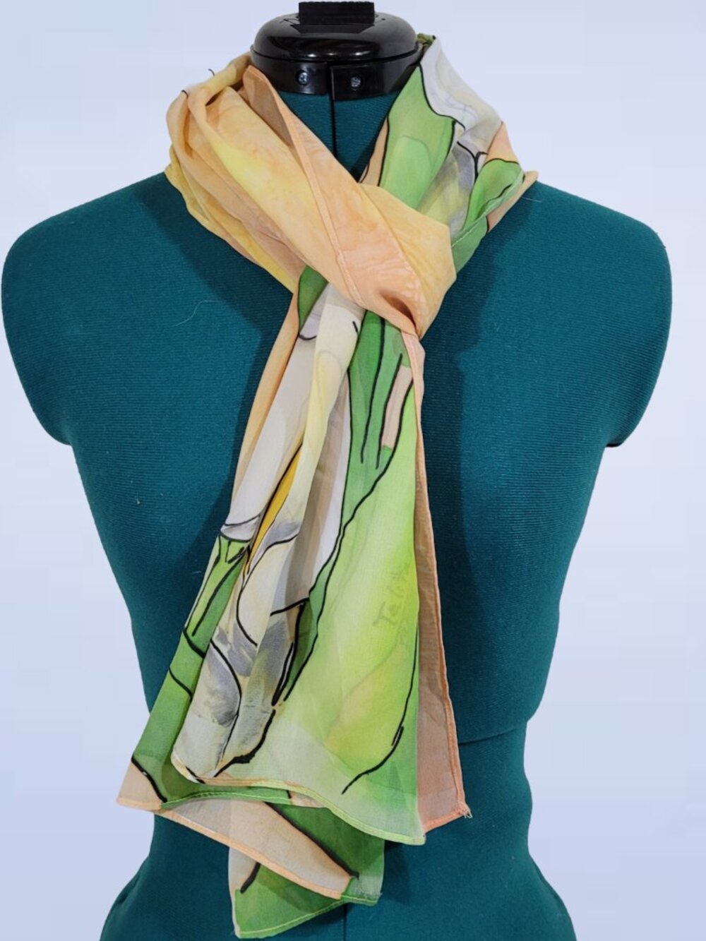 Hand Painted Silk Scarf Featuring A Painted White Calla Lily Floral Design